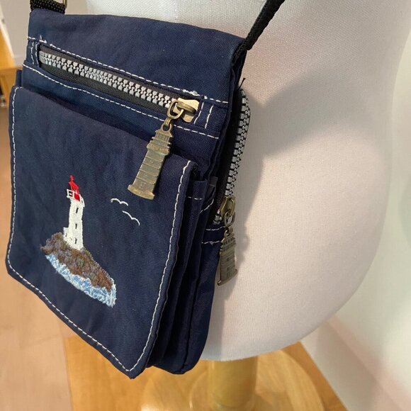 Vintage Navy mini Crossbody Bag With Lighthouse Embroidery Zipper Closure travel - Picture 3 of 12